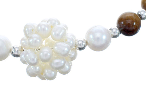Sterling Silver Fresh Water Pearl and Tiger Eye Bead Necklace KX121305